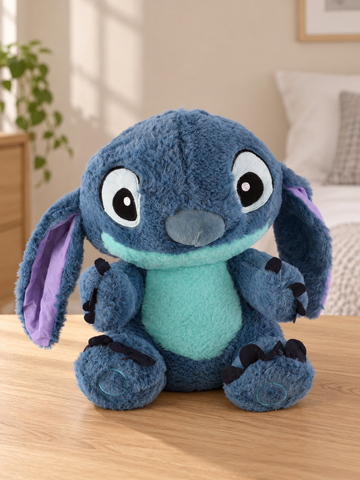 T&CO cute 25cm fluffy blue alien plush toy with floppy purple-lined ears, aqua tummy, and inquisitive eyes in Stitch style