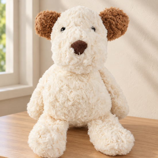 T&CO fluffy 34cm puppy dog plush toy in curly cream white sherpa fur with cinnamon brown floppy ears and chocolate nose
