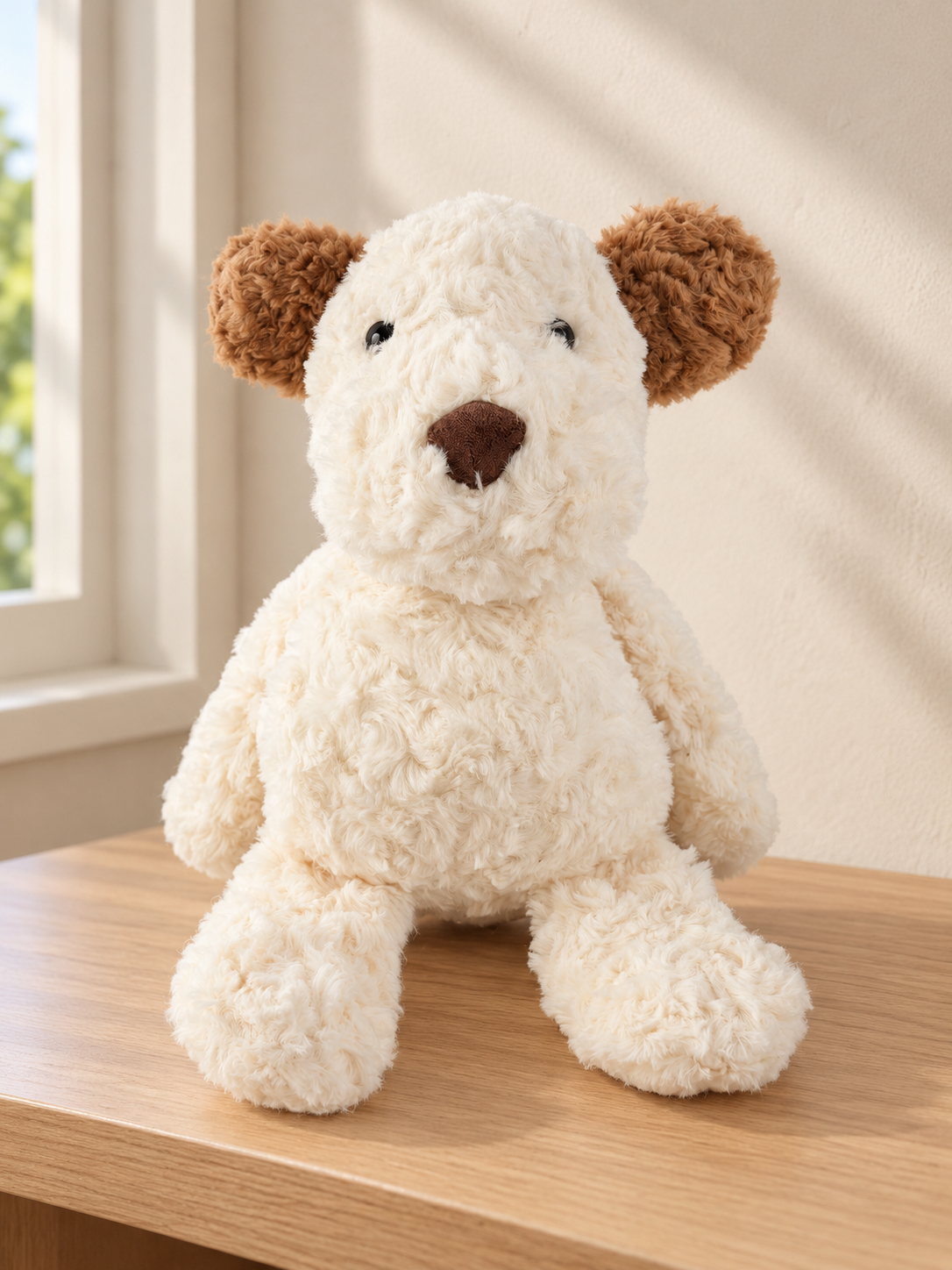 T&CO fluffy 34cm puppy dog plush toy in curly cream white sherpa fur with cinnamon brown floppy ears and chocolate nose