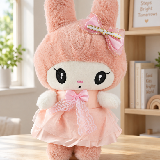 T&CO cute 36cm standing peach bunny plush doll in tiered peach party dress with gold-trimmed bow and sparkle anime eyes