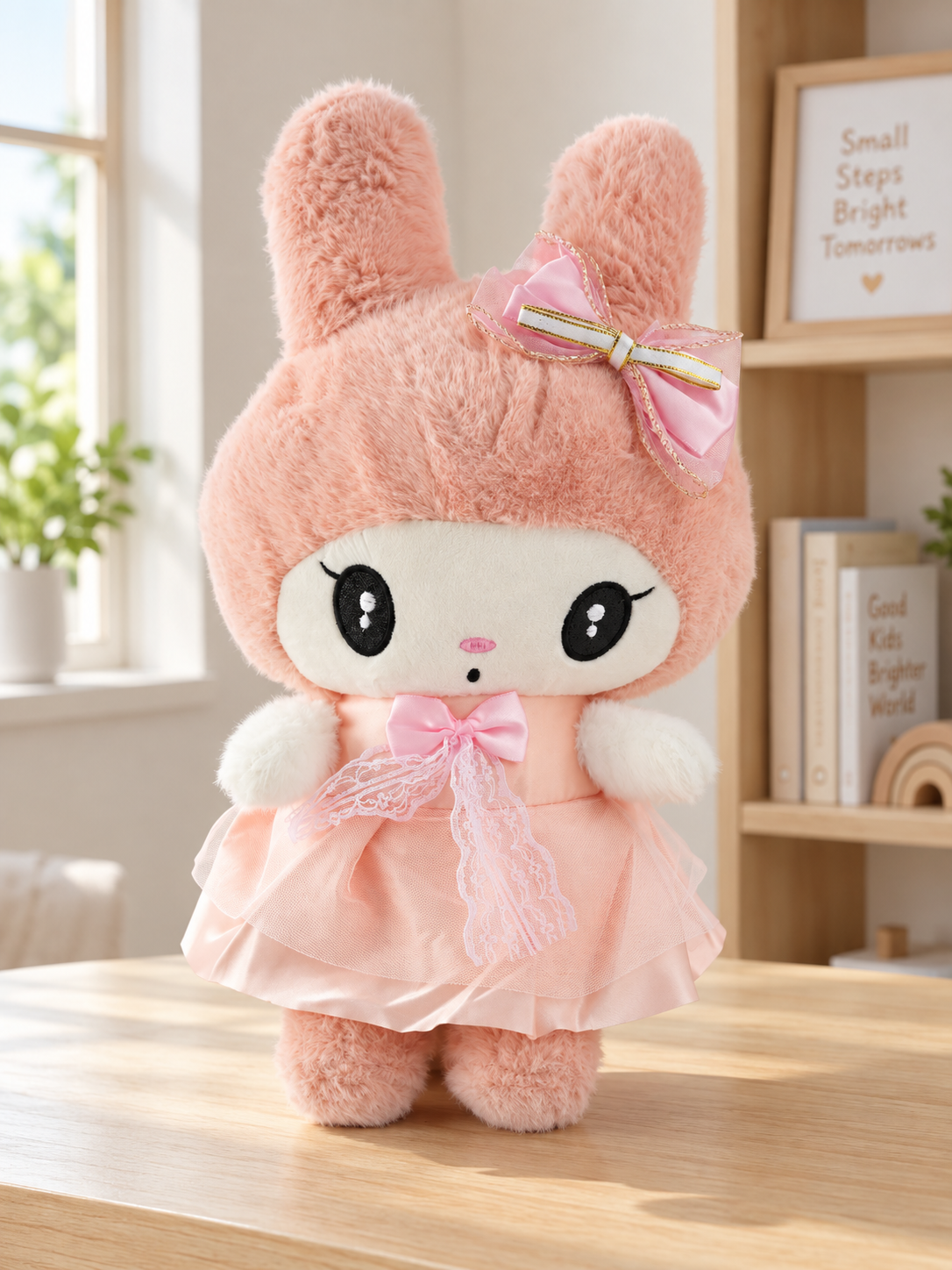 T&CO cute 36cm standing peach bunny plush doll in tiered peach party dress with gold-trimmed bow and sparkle anime eyes