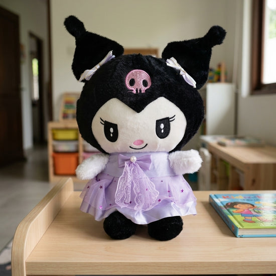 T&CO cute 36cm black jester bunny plush doll in star-sprinkled lilac tulle dress with pearl bow and pink skull in Kuromi style