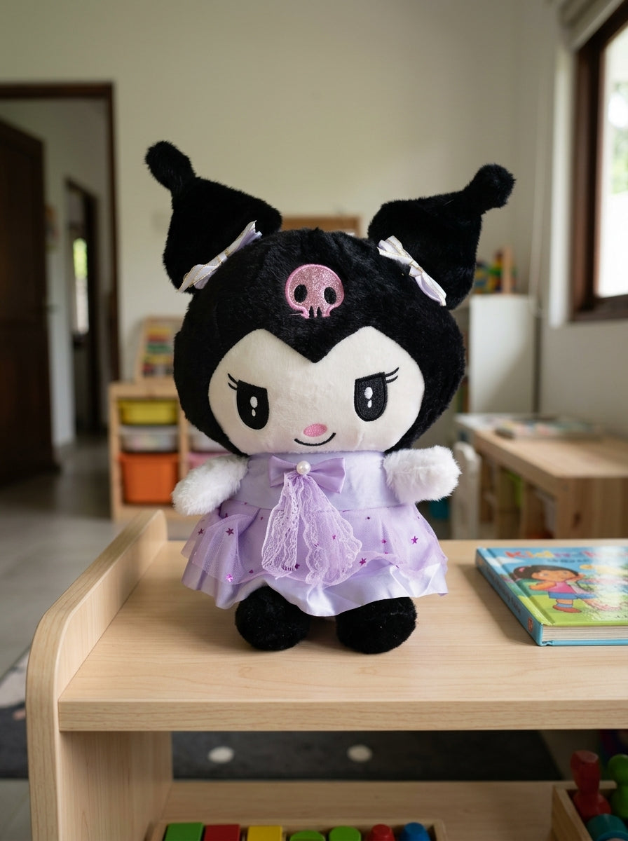 T&CO cute 36cm black jester bunny plush doll in star-sprinkled lilac tulle dress with pearl bow and pink skull in Kuromi style