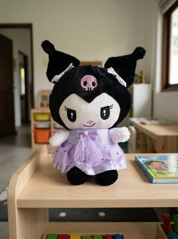T&CO cute 36cm black jester bunny plush doll in star-sprinkled lilac tulle dress with pearl bow and pink skull in Kuromi style