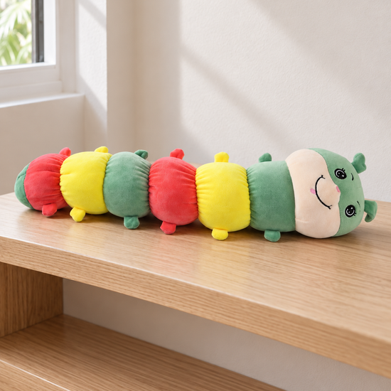 T&CO cute 58cm long wiggle caterpillar plush bolster pillow with green head, antennae, and colorful segmented body