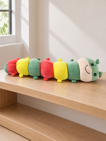 T&CO cute 58cm long wiggle caterpillar plush bolster pillow with green head, antennae, and colorful segmented body