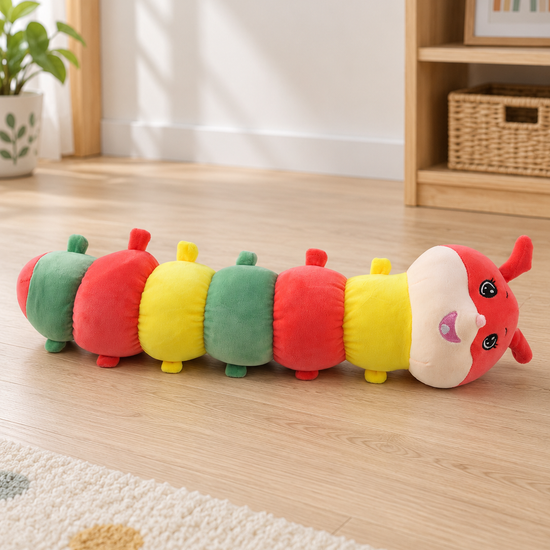 T&CO cute 58cm long wiggle caterpillar plush bolster pillow with strawberry pink head, antennae, and colorful segmented body