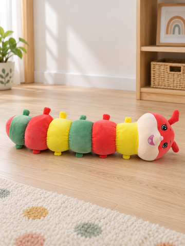 T&CO cute 58cm long wiggle caterpillar plush bolster pillow with strawberry pink head, antennae, and colorful segmented body