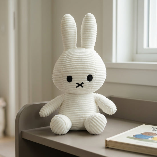 T&CO cute 23cm white ribbed corduroy bunny plush toy with upright ears and embroidered cross mouth in Miffy style