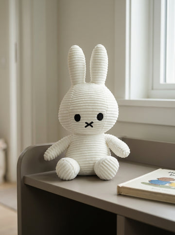 T&CO cute 23cm white ribbed corduroy bunny plush toy with upright ears and embroidered cross mouth in Miffy style