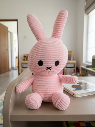 T&CO cute 23cm pastel pink ribbed corduroy bunny plush toy with upright ears and embroidered cross mouth in Miffy style