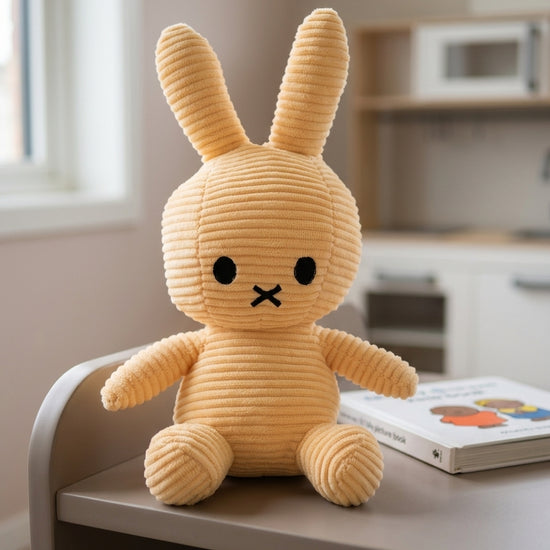 T&CO cute 23cm buttercup yellow ribbed corduroy bunny plush toy with upright ears and embroidered cross mouth in Miffy style
