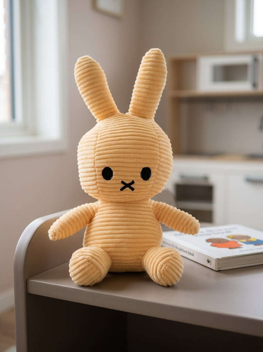 T&CO cute 23cm buttercup yellow ribbed corduroy bunny plush toy with upright ears and embroidered cross mouth in Miffy style