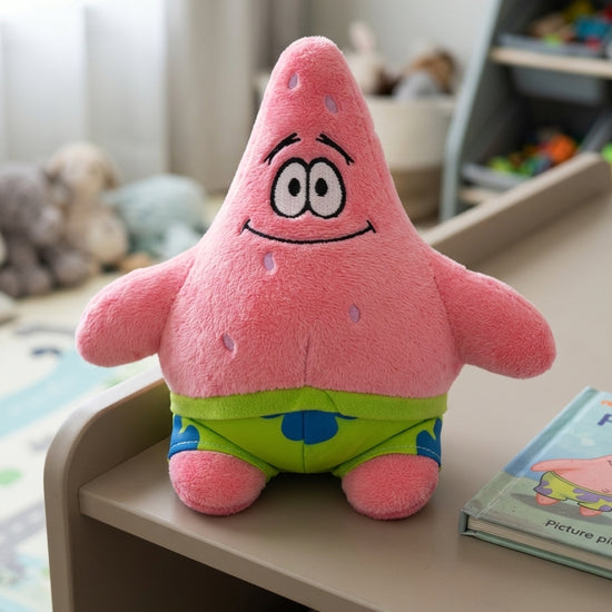 T&CO cute 18cm Patrick Star plush toy in bubblegum pink with green floral swim trunks and friendly smile