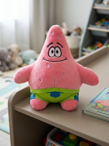 T&CO cute 18cm Patrick Star plush toy in bubblegum pink with green floral swim trunks and friendly smile
