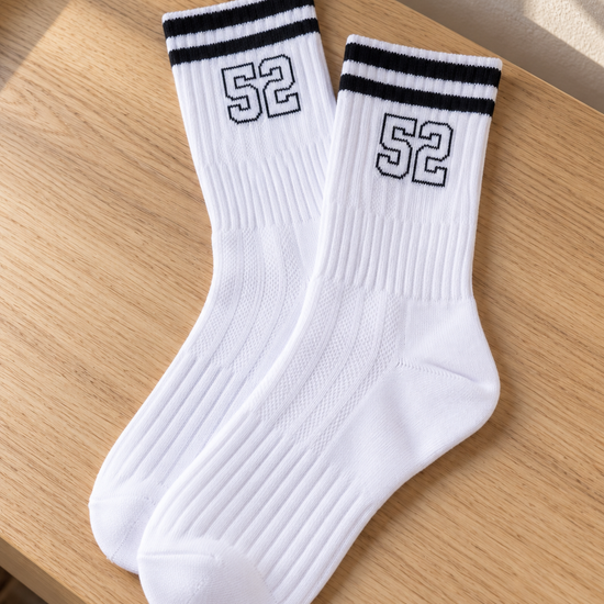 Notch men's athletic white ankle socks featuring black double varsity stripes and black #23 jersey number graphic