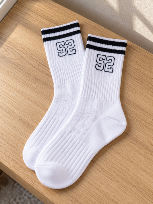 Notch men's athletic white ankle socks featuring black double varsity stripes and black #23 jersey number graphic
