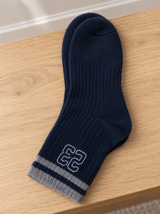Notch men's athletic navy blue ankle socks featuring white double varsity stripes and white #23 jersey number graphic