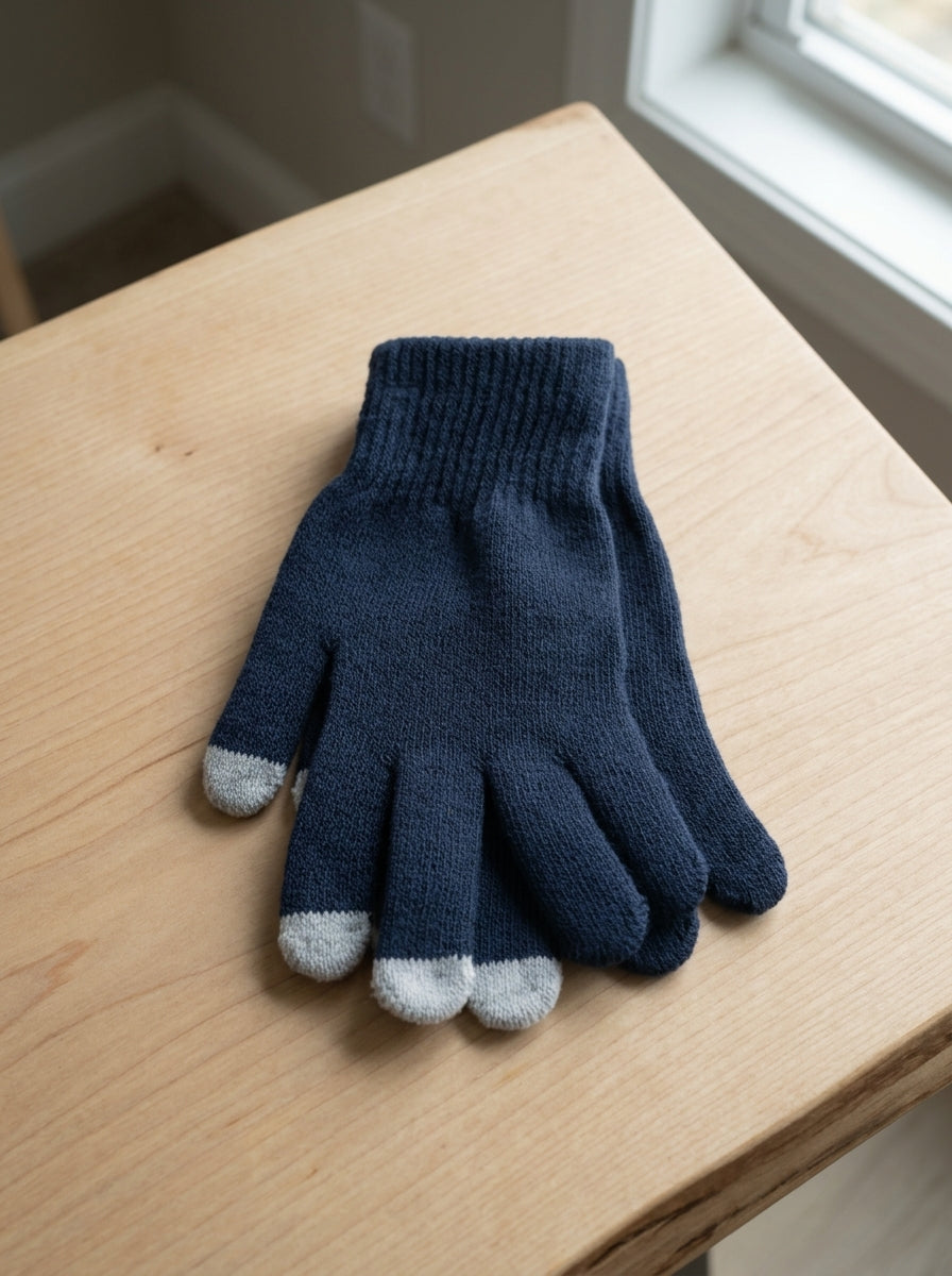 Touchscreen knit thermal winter gloves in navy blue with conductive touch fingertips for smartphone use