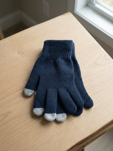 Touchscreen knit thermal winter gloves in navy blue with conductive touch fingertips for smartphone use