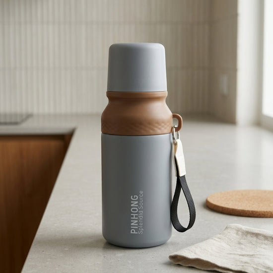 Double-wall stainless steel insulated vacuum flask water bottle in modern slate grey with detachable drinking cup lid