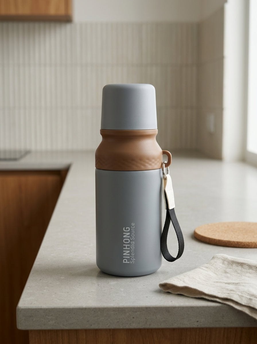 Double-wall stainless steel insulated vacuum flask water bottle in modern slate grey with detachable drinking cup lid