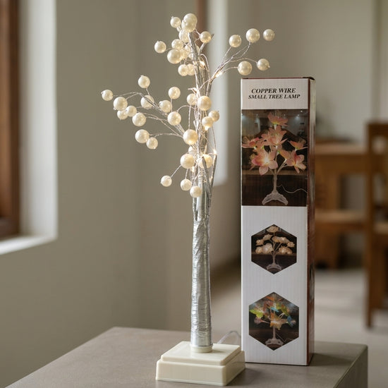 T&CO 47cm bonsai pearl LED fairy light tree tabletop figurine lamp with warm white glowing pearl bead lights on adjustable golden branches