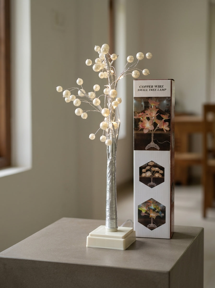 T&CO 47cm bonsai pearl LED fairy light tree tabletop figurine lamp with warm white glowing pearl bead lights on adjustable golden branches