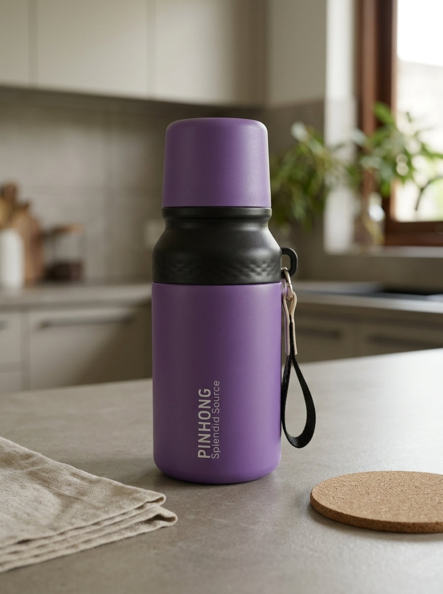 Double-wall stainless steel insulated vacuum flask water bottle in metallic pastel purple with detachable drinking cup lid