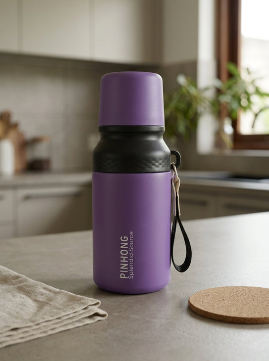 Double-wall stainless steel insulated vacuum flask water bottle in metallic pastel purple with detachable drinking cup lid