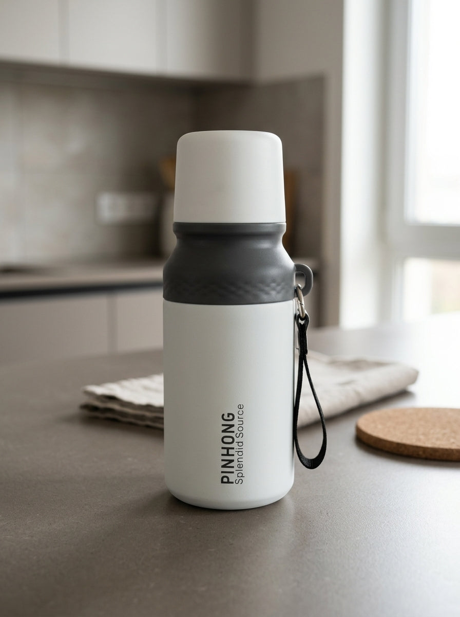 Double-wall stainless steel insulated vacuum flask water bottle in crisp pearl white with detachable drinking cup lid