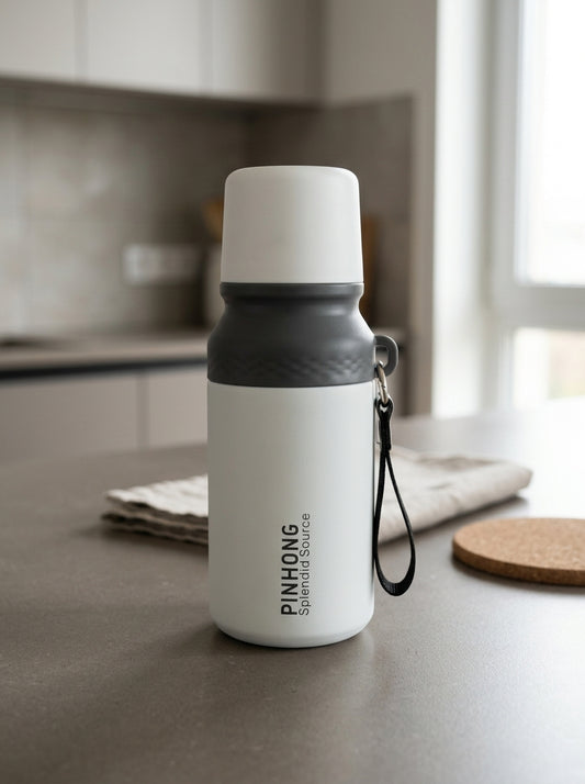 Double-wall stainless steel insulated vacuum flask water bottle in crisp pearl white with detachable drinking cup lid