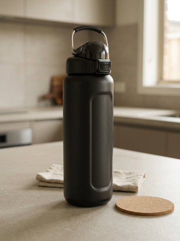 Safety flip-lock insulated stainless steel water bottle in matte black with one-touch push-button flip lid
