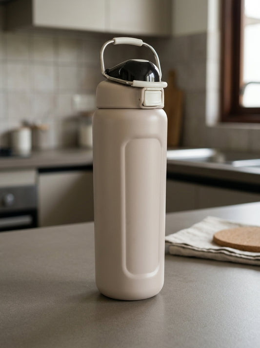 Safety flip-lock insulated stainless steel water bottle in warm oat beige with one-touch push-button flip lid