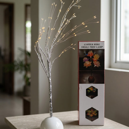 T&CO Bonsai LED glow tree tabletop lamp figurine in elegant metallic silver finish with flexible fairy light branches, 59cm height