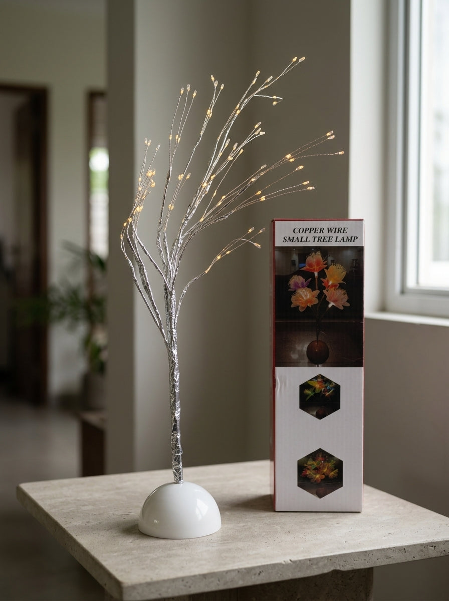 T&CO Bonsai LED glow tree tabletop lamp figurine in elegant metallic silver finish with flexible fairy light branches, 59cm height