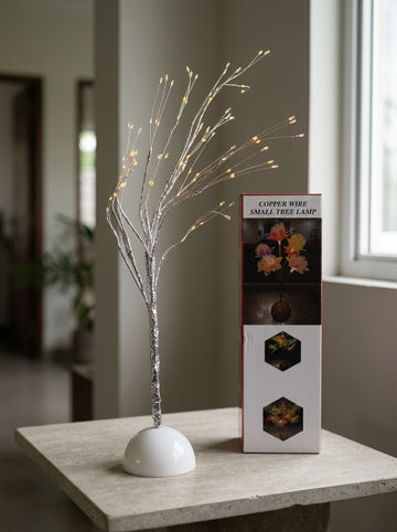 T&CO Bonsai LED glow tree tabletop lamp figurine in elegant metallic silver finish with flexible fairy light branches, 59cm height