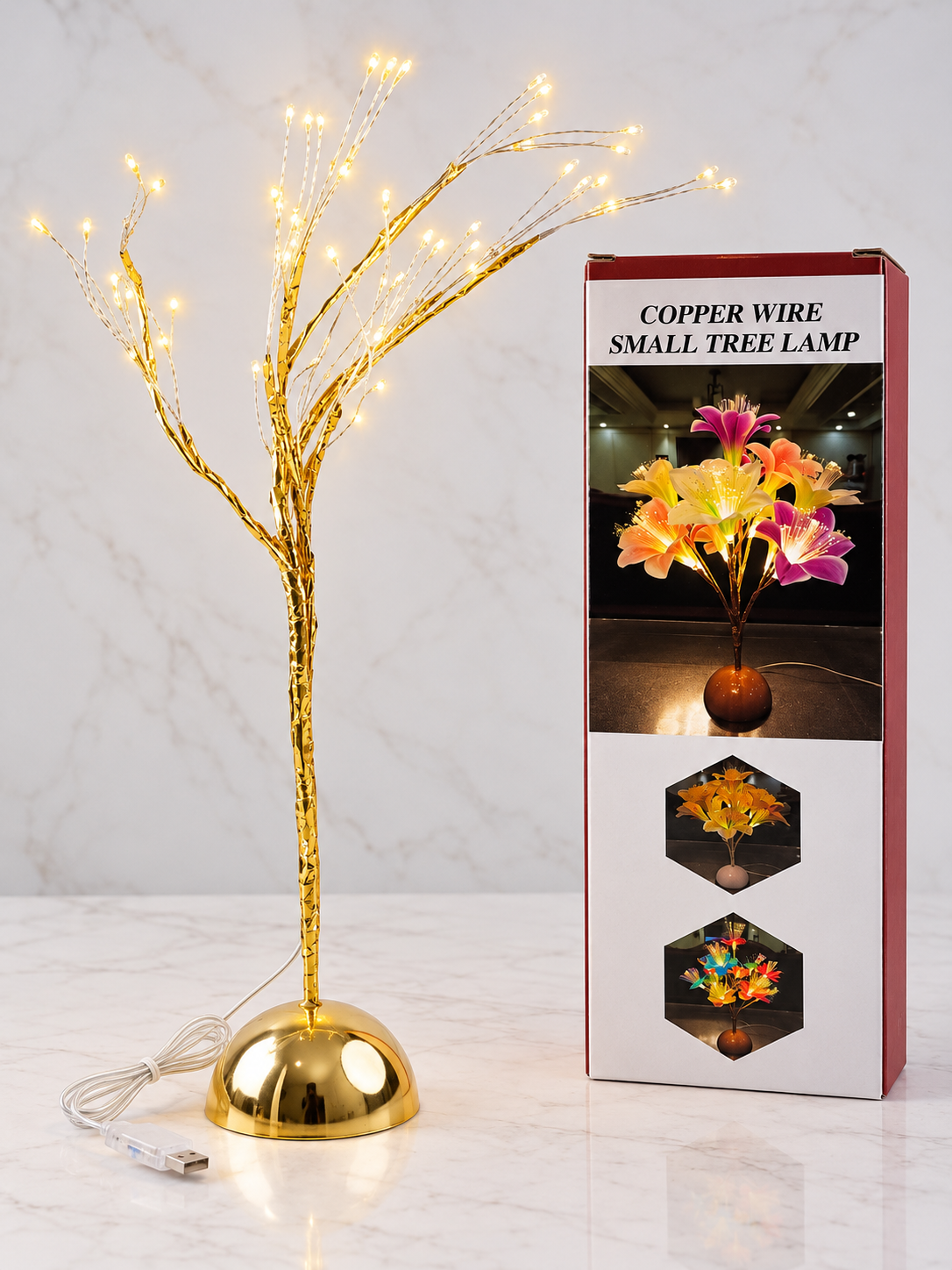 T&CO Bonsai LED glow tree tabletop lamp figurine in luxurious warm gold finish with bendable fairy light branches, 50cm height