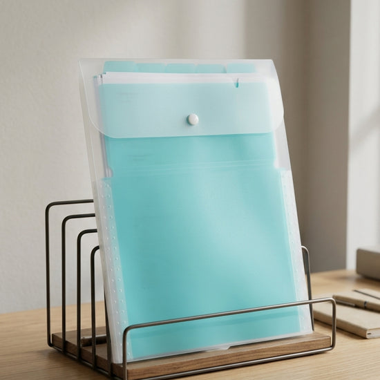 Expanding multi-pocket tab document wallet file folder in vibrant blue with secure button clasp and index tabs