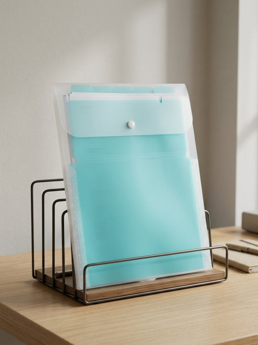 Expanding multi-pocket tab document wallet file folder in vibrant blue with secure button clasp and index tabs