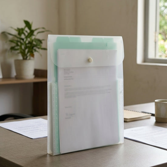 Expanding multi-pocket tab document wallet file folder in vibrant fresh green with protective closure flap and index dividers