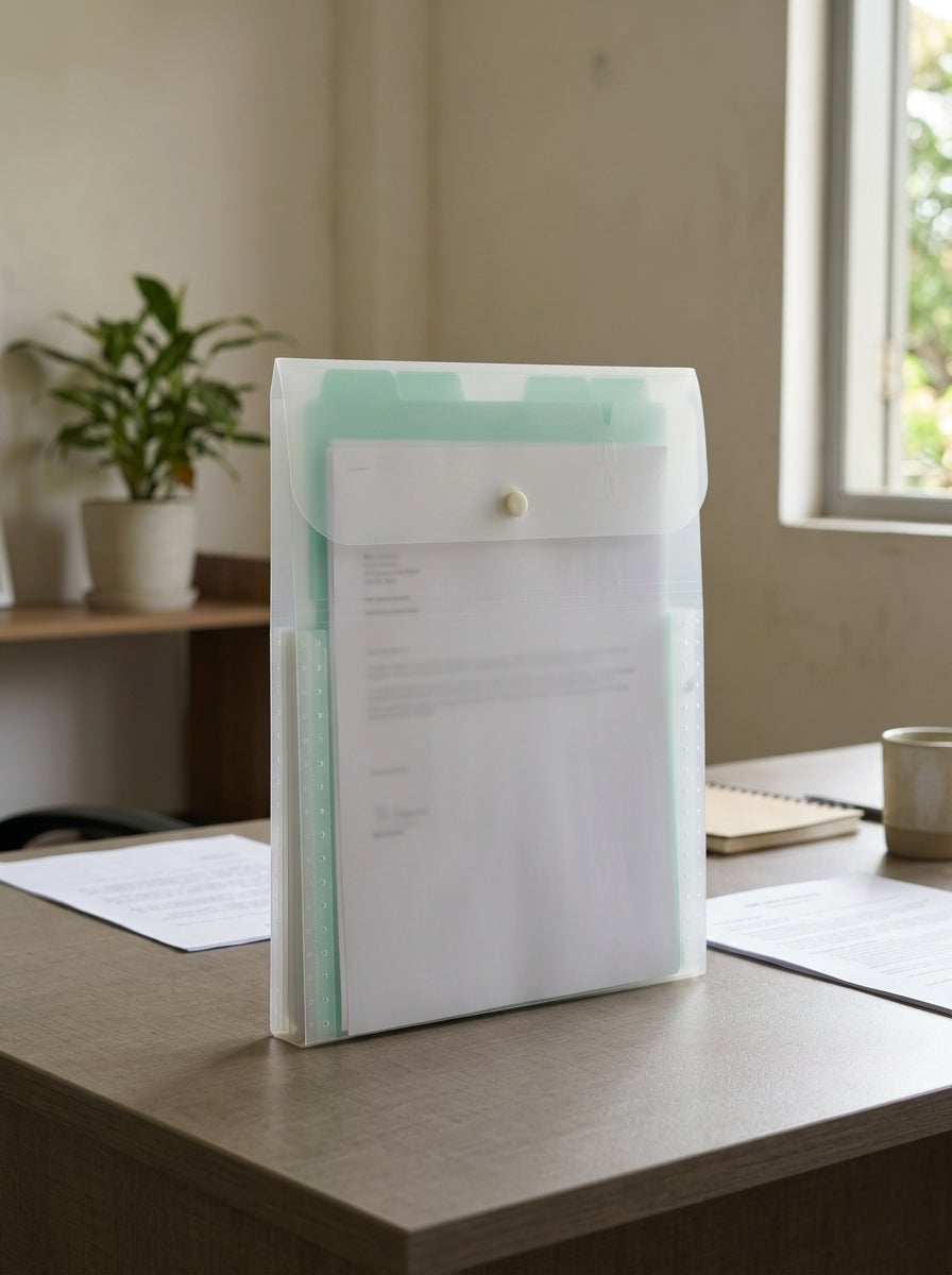 Expanding multi-pocket tab document wallet file folder in vibrant fresh green with protective closure flap and index dividers