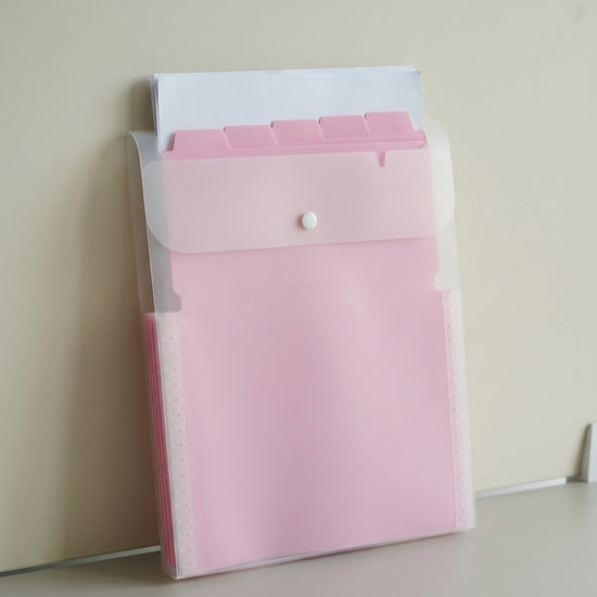 Expanding multi-pocket tab document wallet file folder in charming soft pink with secure snap clasp and index organizer tabs