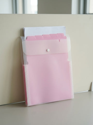 Expanding multi-pocket tab document wallet file folder in charming soft pink with secure snap clasp and index organizer tabs