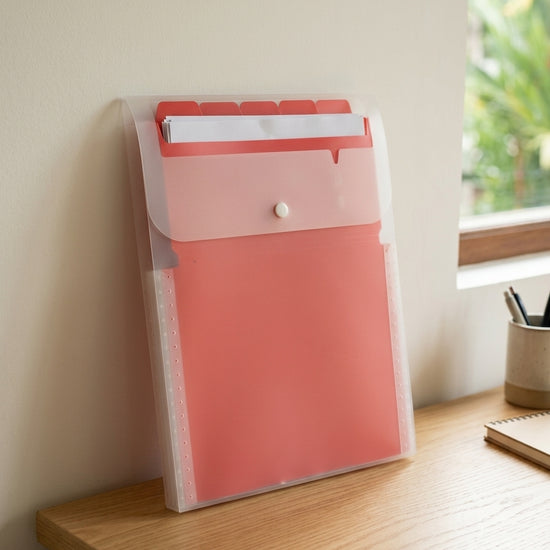 Expanding multi-pocket tab document wallet file folder in bold ruby red with durable polypropylene construction and index tabs