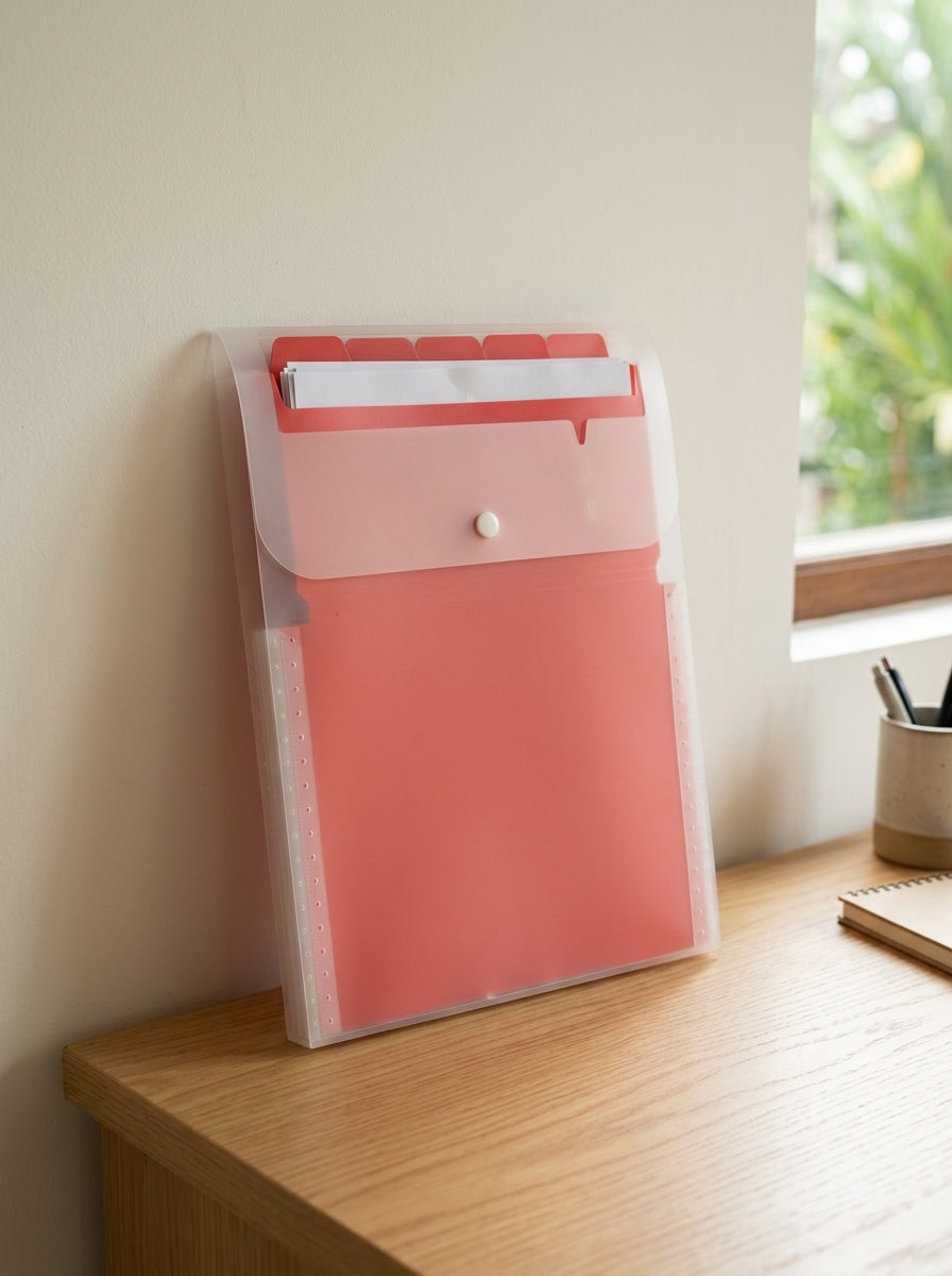 Expanding multi-pocket tab document wallet file folder in bold ruby red with durable polypropylene construction and index tabs