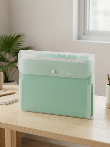 Multi-pocket tab document display holder clear sheet folder in lively emerald green with index tab dividers and transparent display sleeves