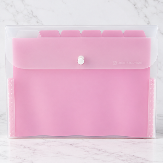 Multi-pocket tab document display holder clear sheet folder in soft blush pink with index tab dividers and transparent sleeves