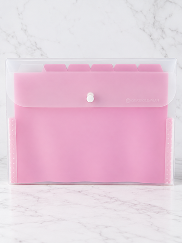Multi-pocket tab document display holder clear sheet folder in soft blush pink with index tab dividers and transparent sleeves