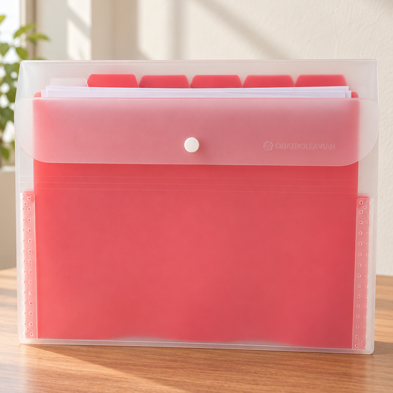 Multi-pocket tab document display holder clear sheet folder in bright crimson red with index tab dividers and clear display sleeves